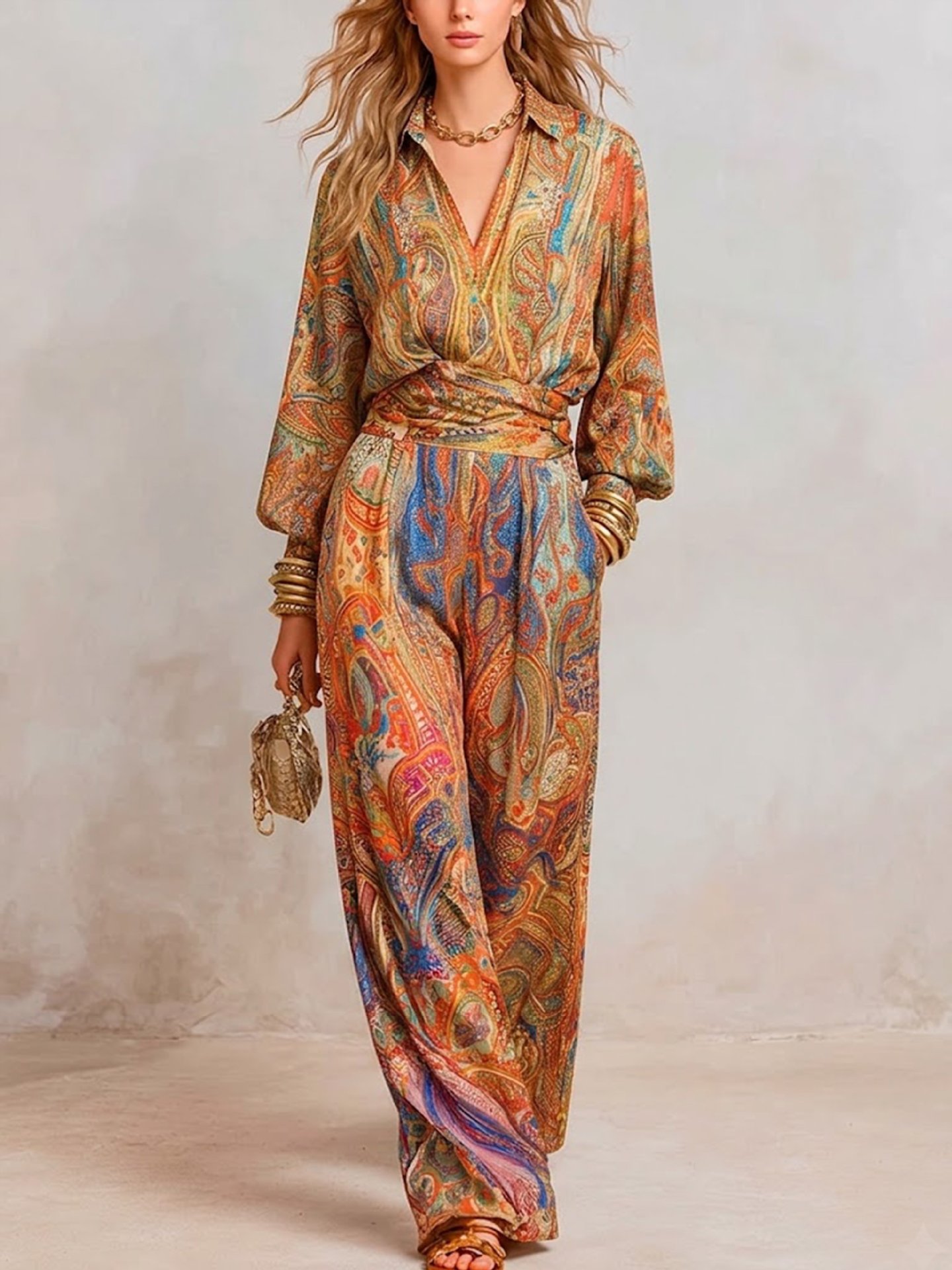 Bohemian Floral Print Two-Piece Pant Set with Lantern Sleeve Shirt