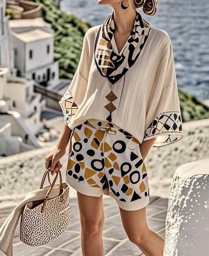 Printed V-Neck T-Shirt and Shorts Set with Faux Linen Look, Relaxed Fit