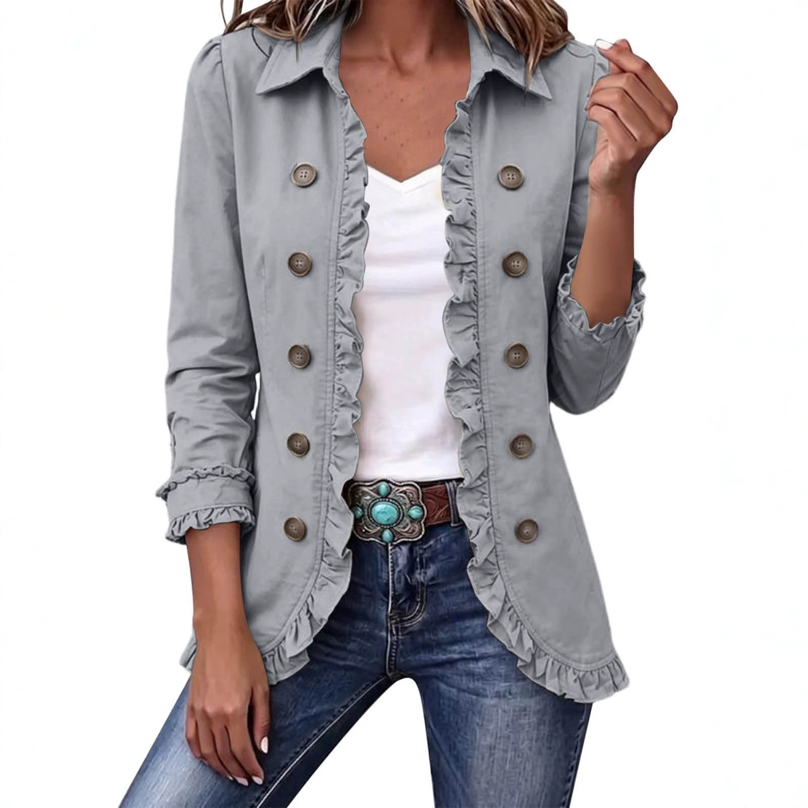 Ruffled Trim Solid Color Lapel Blazer Jacket