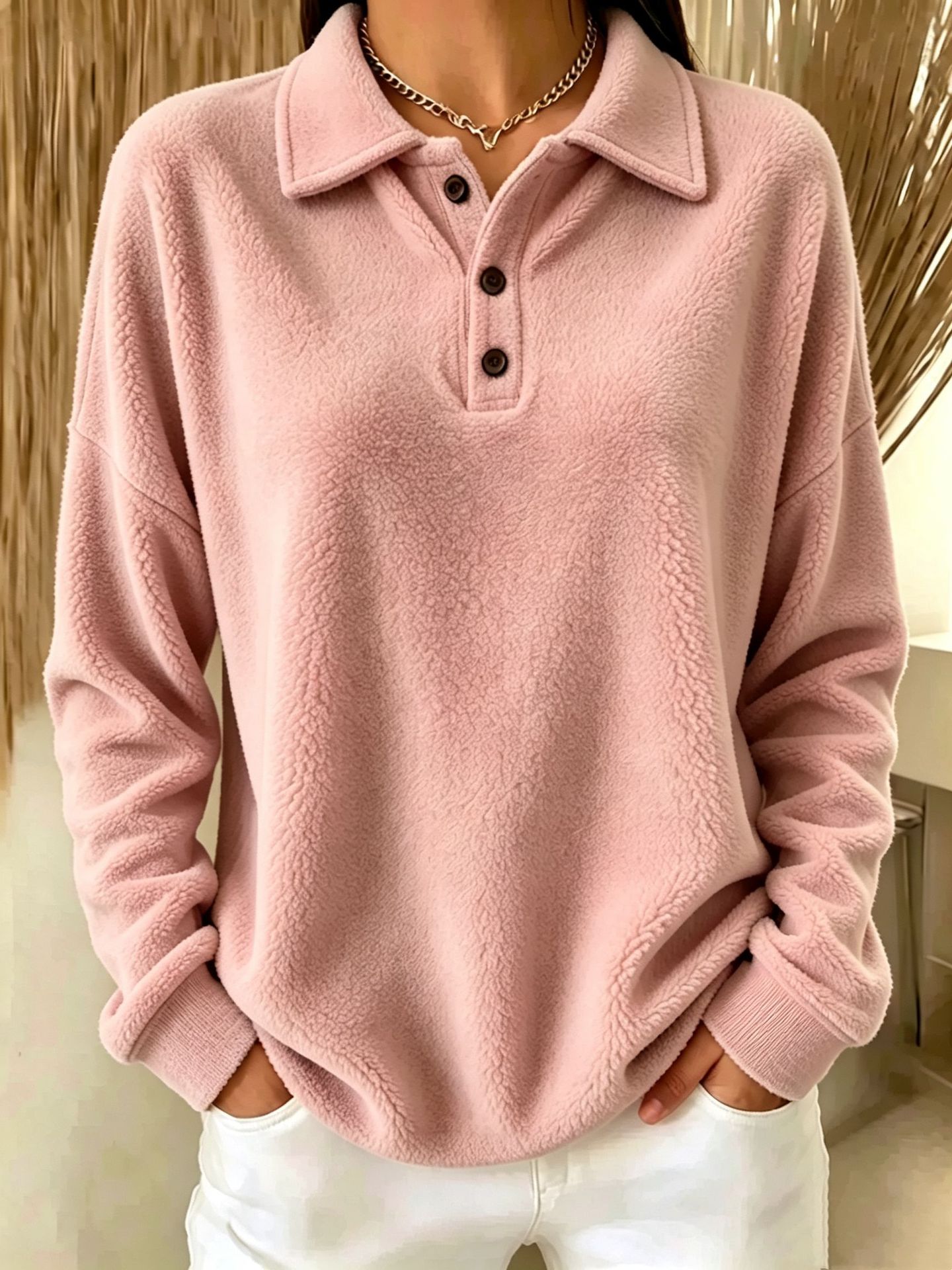 Fleece Buttoned Collar Long Sleeve Pullover Sweatshirt for Women
