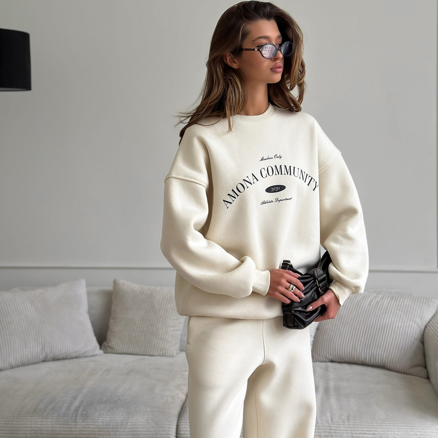 Women's Retro Letter Print Crewneck Sweatshirt and Pants Set
