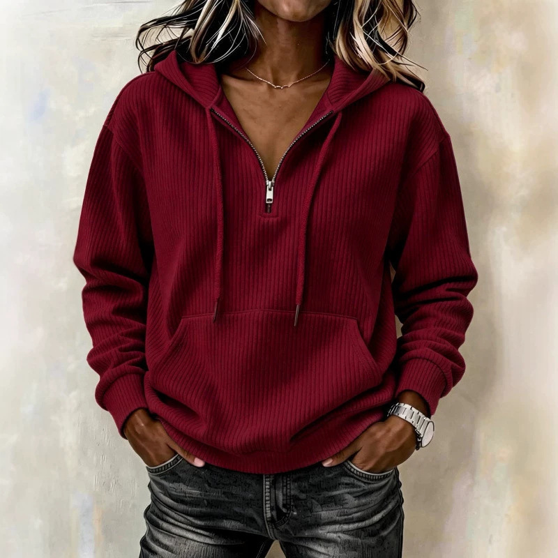 Women's Corduroy Striped Zip-Up Hoodie Retro Casual Long Sleeve