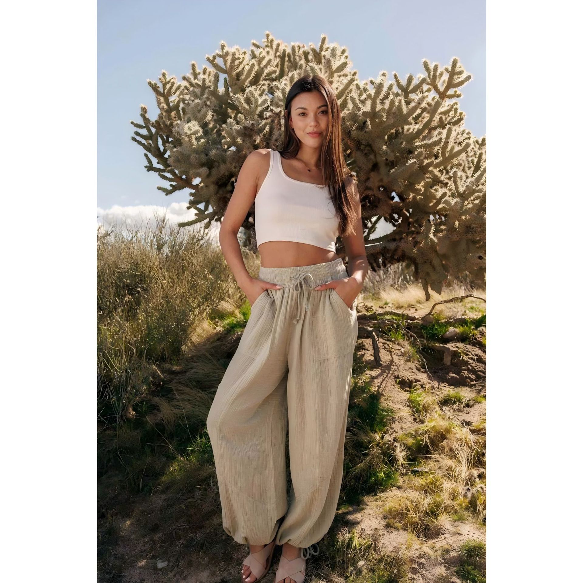Women's High-Waist Drawstring Solid Color Tapered Pants