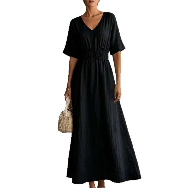 Elegant V-Neck Cinched Waist Pleated A-Line Long Dress