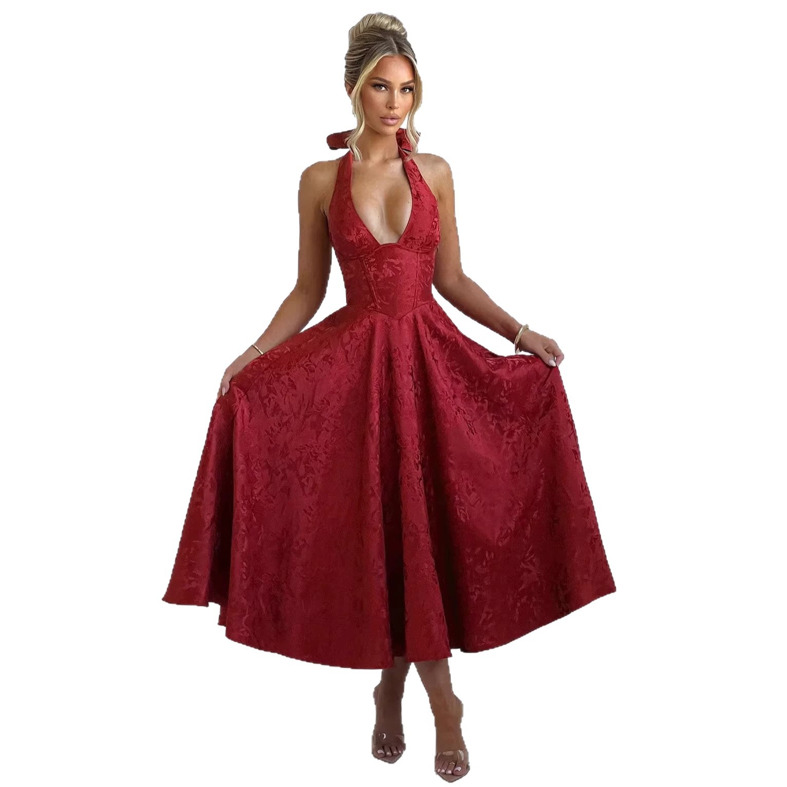V-Neck Halter Jacquard Evening Dress Sleeveless Open-Back Waist-Cinched Long Gown