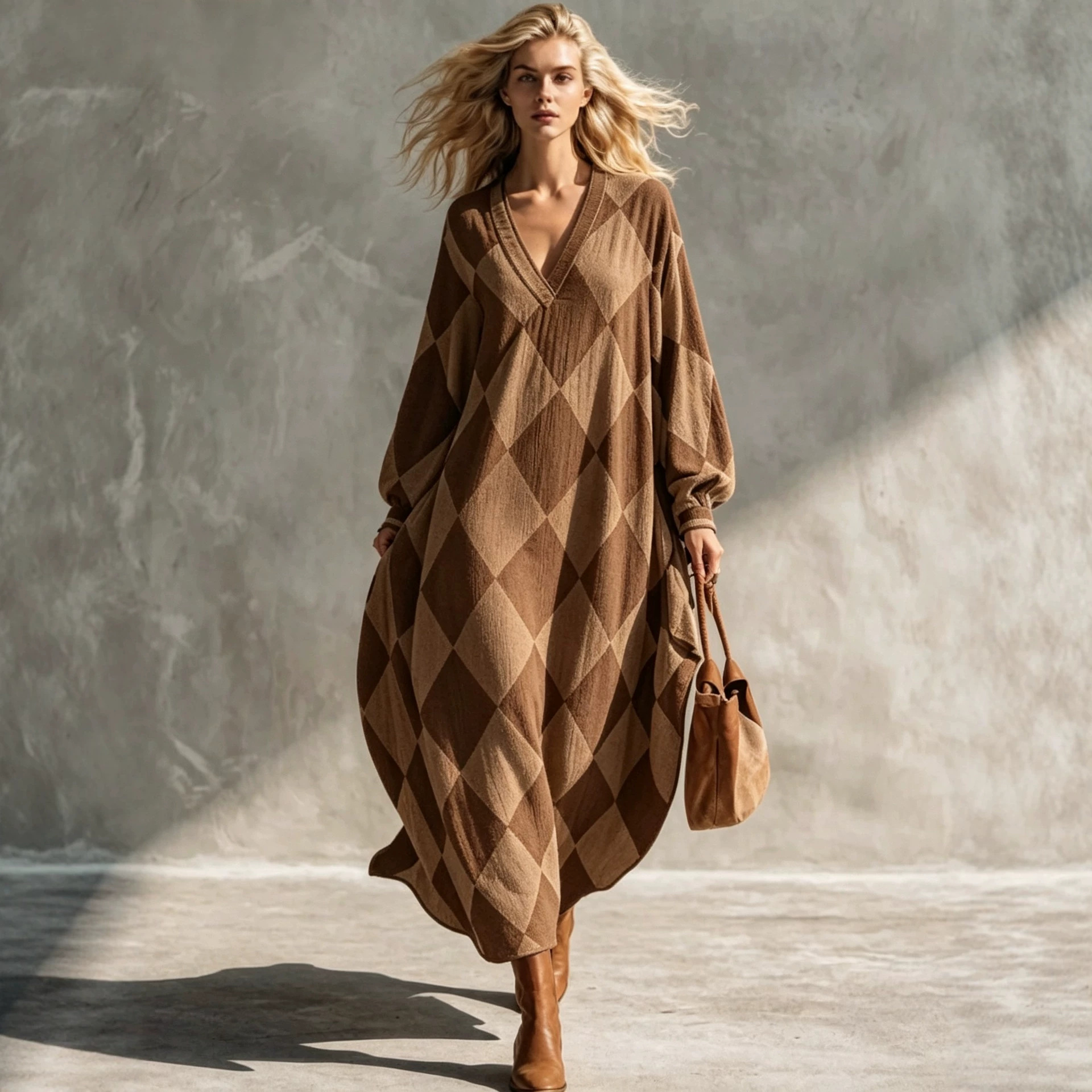 Retro Plaid V-Neck Lantern Sleeve Loose Casual Dress