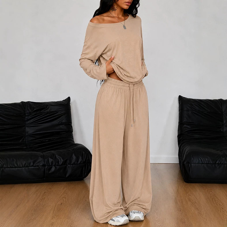 Women's Casual Loungewear Set Long Sleeve Top & Wide Leg Pants