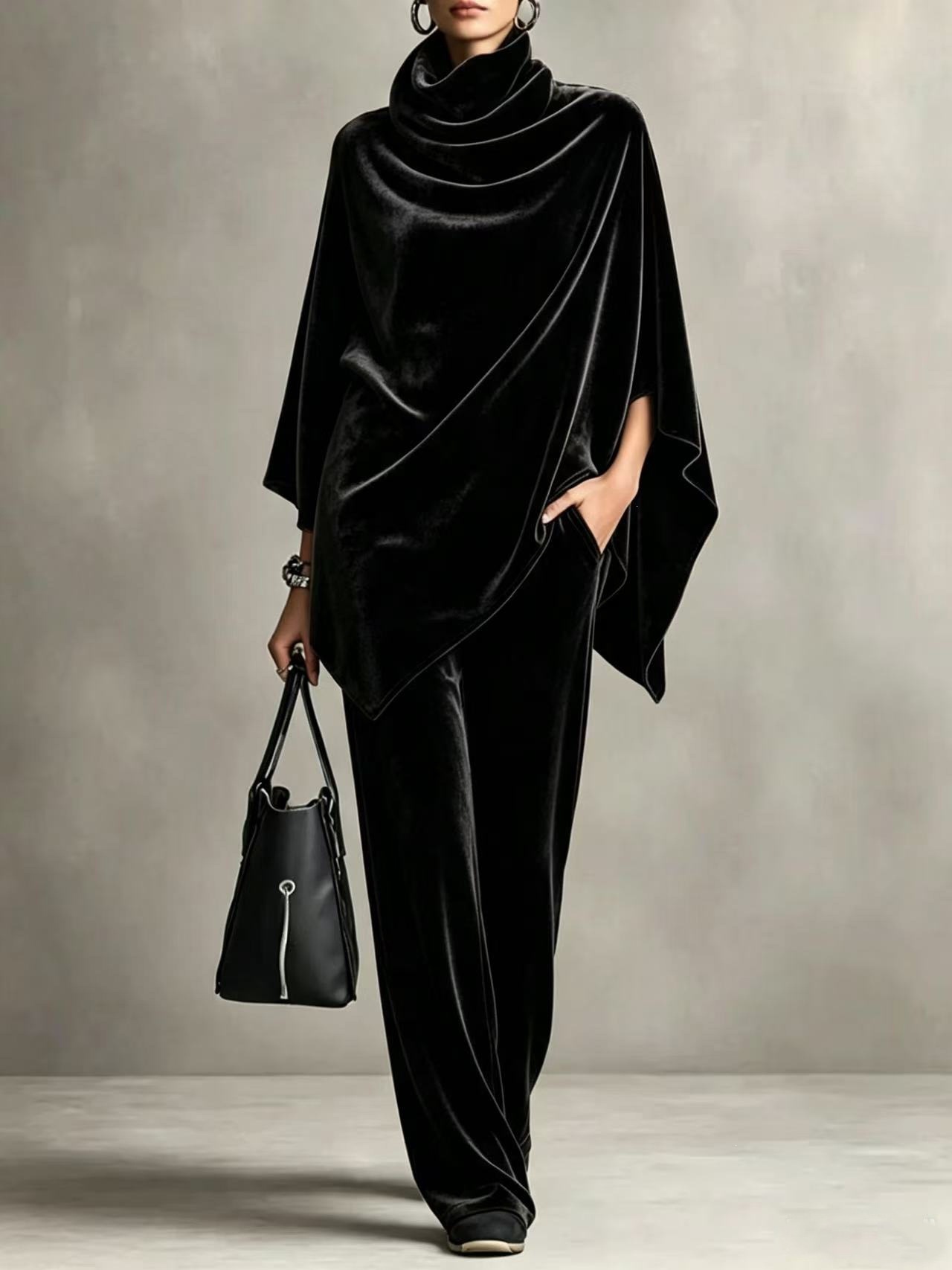 Women's Korean Velvet Cowl Neck Cape Top & Wide-Leg Pants Two-Piece Set