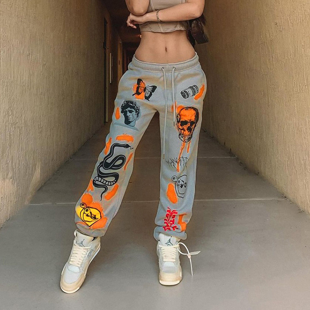 Halloween Streetwear Multi-Pattern Print Lace-Up Thick Warm Casual Pants