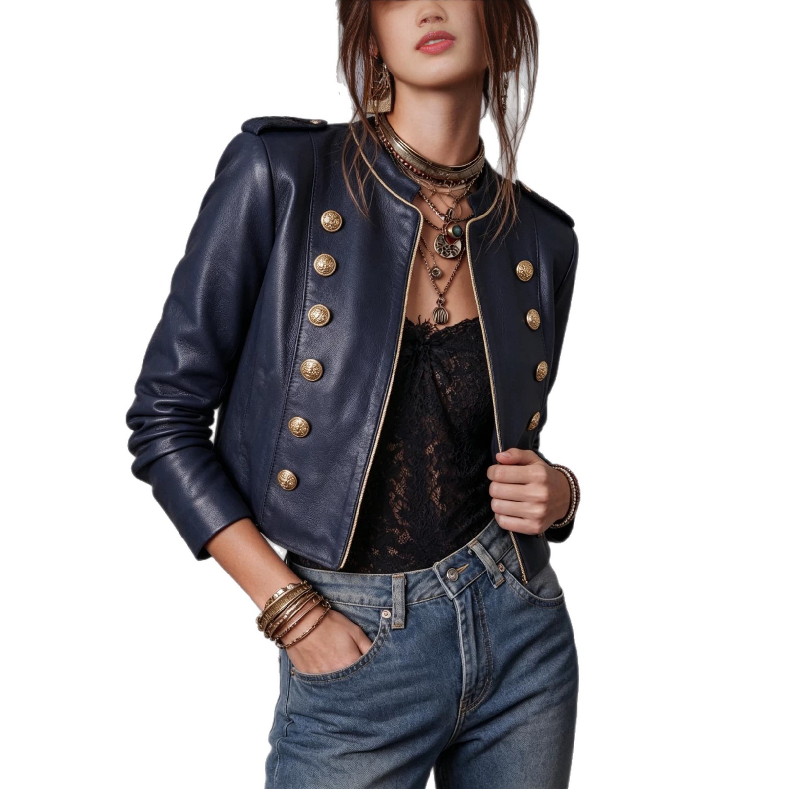 Vintage Court-Style Napoleon Double-Breasted PU Leather Cropped Jacket
