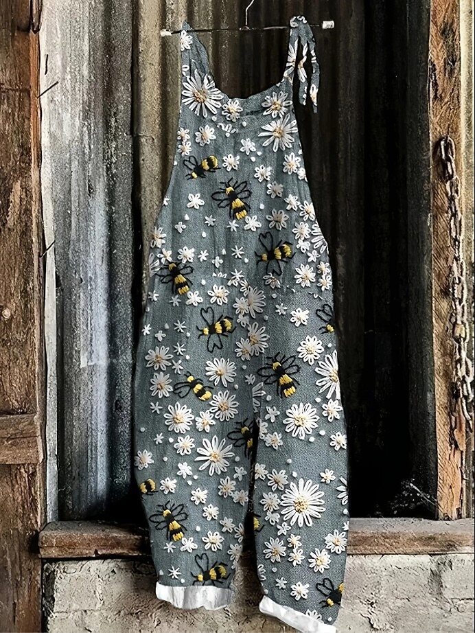 Women's Vintage Floral Print Sleeveless Jumpsuit Casual Tie-Waist