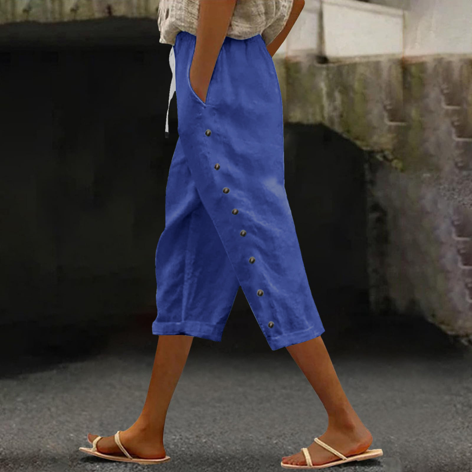 Women's Cotton-Linen Blend Cropped Pants with Elastic Waist, Breathable Straight-Leg