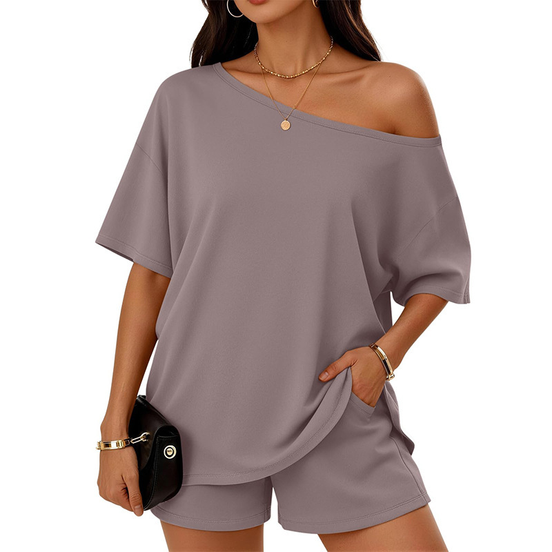 Women's 2-Piece Asymmetric Neck Top and Shorts Set Casual Summer Outfit