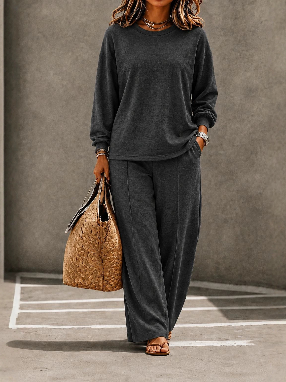 Women's Knit Crewneck Long-Sleeve Top & Wide-Leg Pants Set