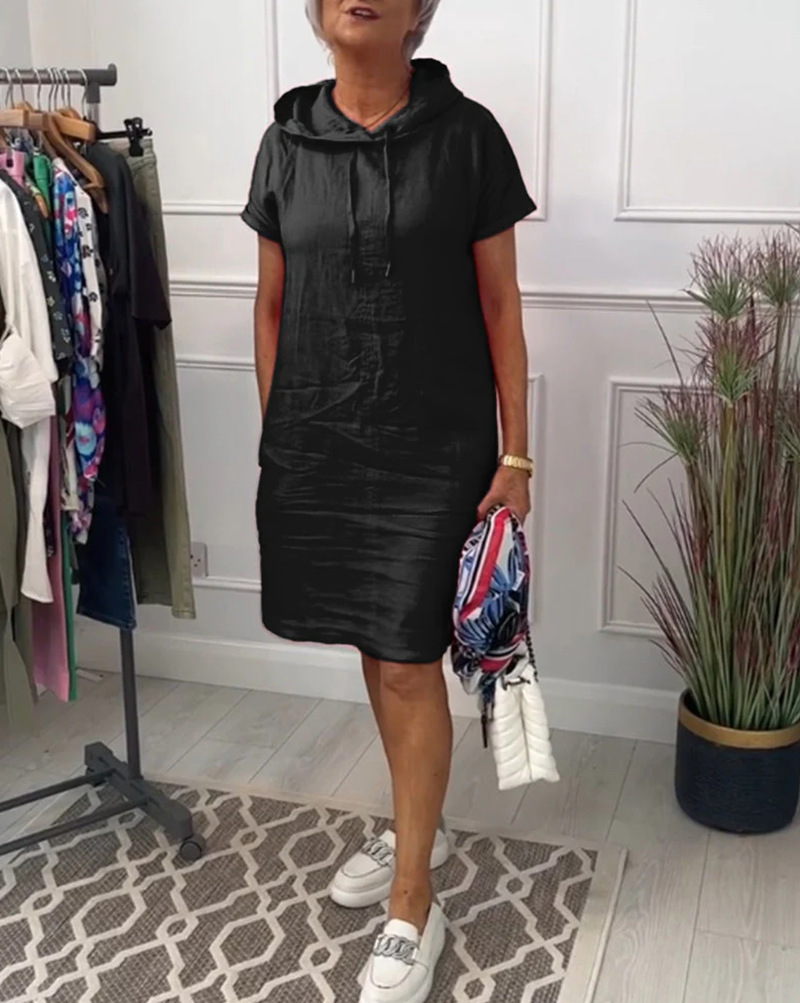 Women's Casual Solid Short Sleeve Hooded Pocket Dress