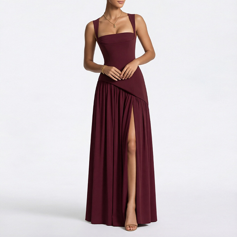 Elegant Slim-Fit Solid Color Waist-Cinched Split French Dress