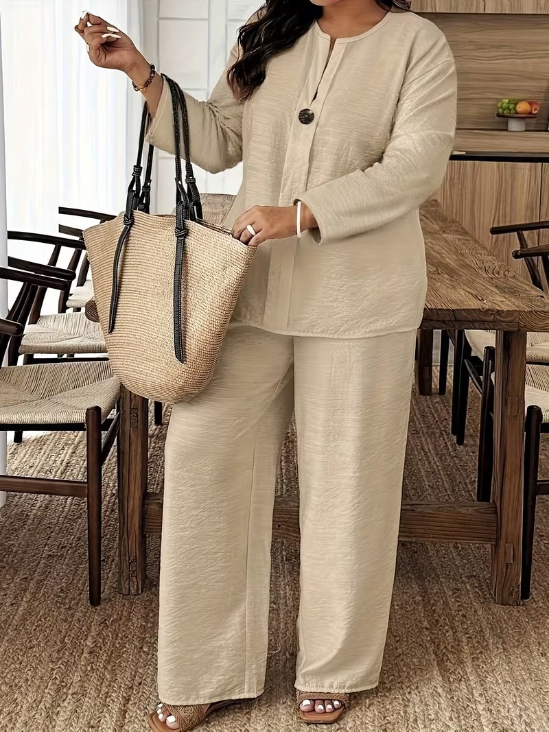 Women's Long Sleeve Cardigan & Wide-Leg Pants Two-Piece Set Solid Color Casual Elegant