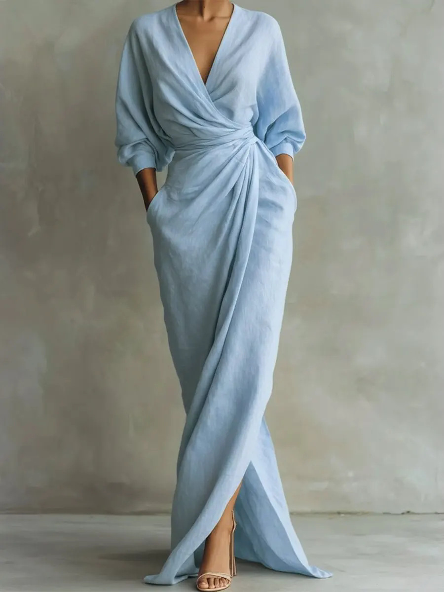 Elegant Solid V-Neck Long Sleeve Split Waist Pocket Long Dress