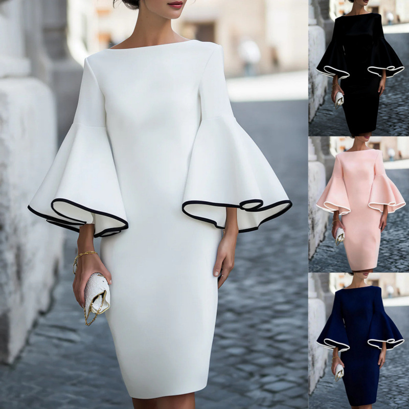 Color-Block Flare-Sleeve Bodycon Midi Dress