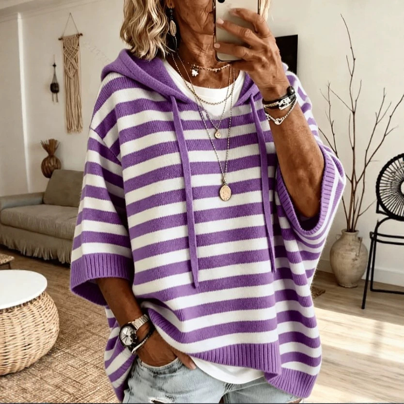 Striped Knit Hooded Sweater with Drawstring Loose Fit