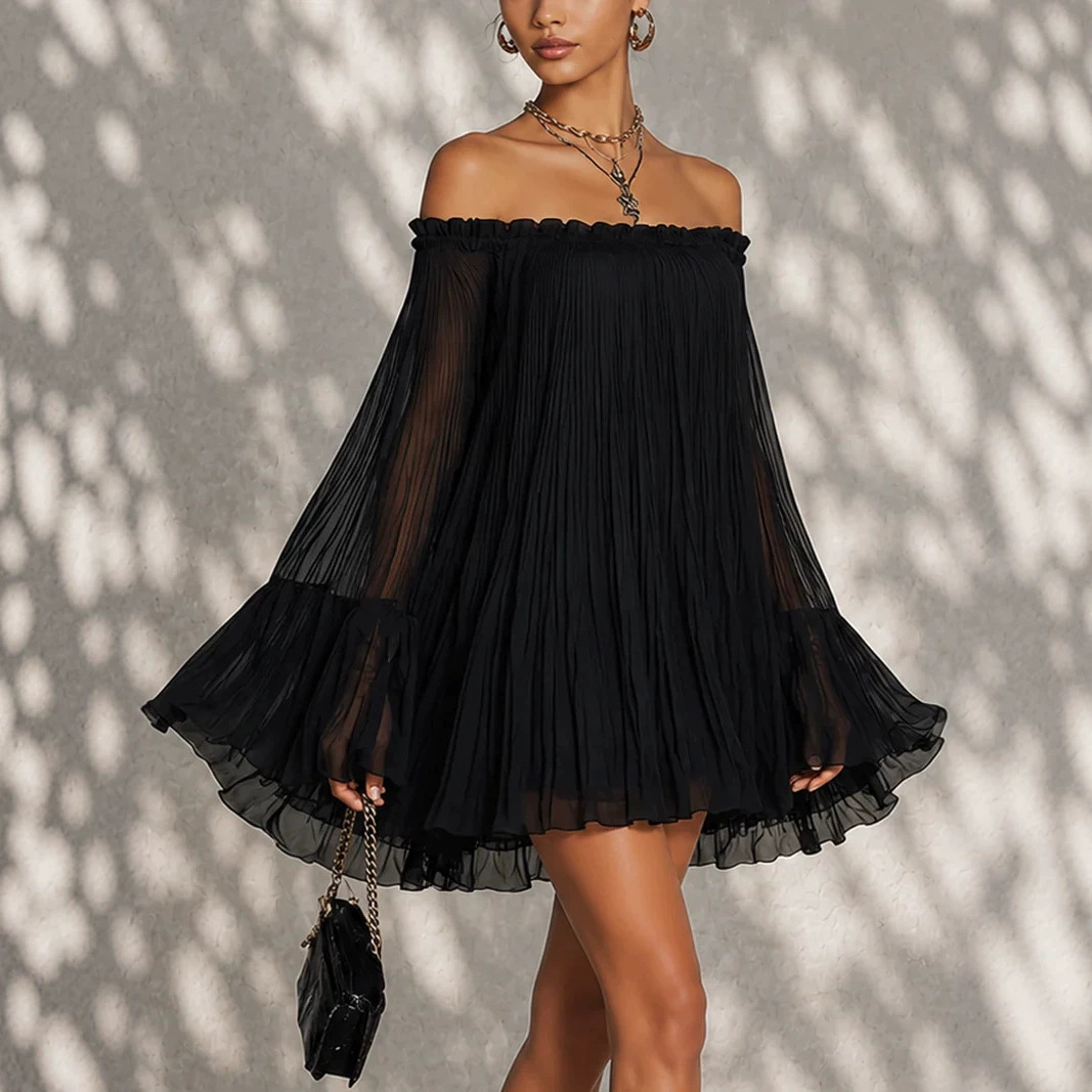 Off-Shoulder Pleated Dress Women's Flowy Midi Skirt