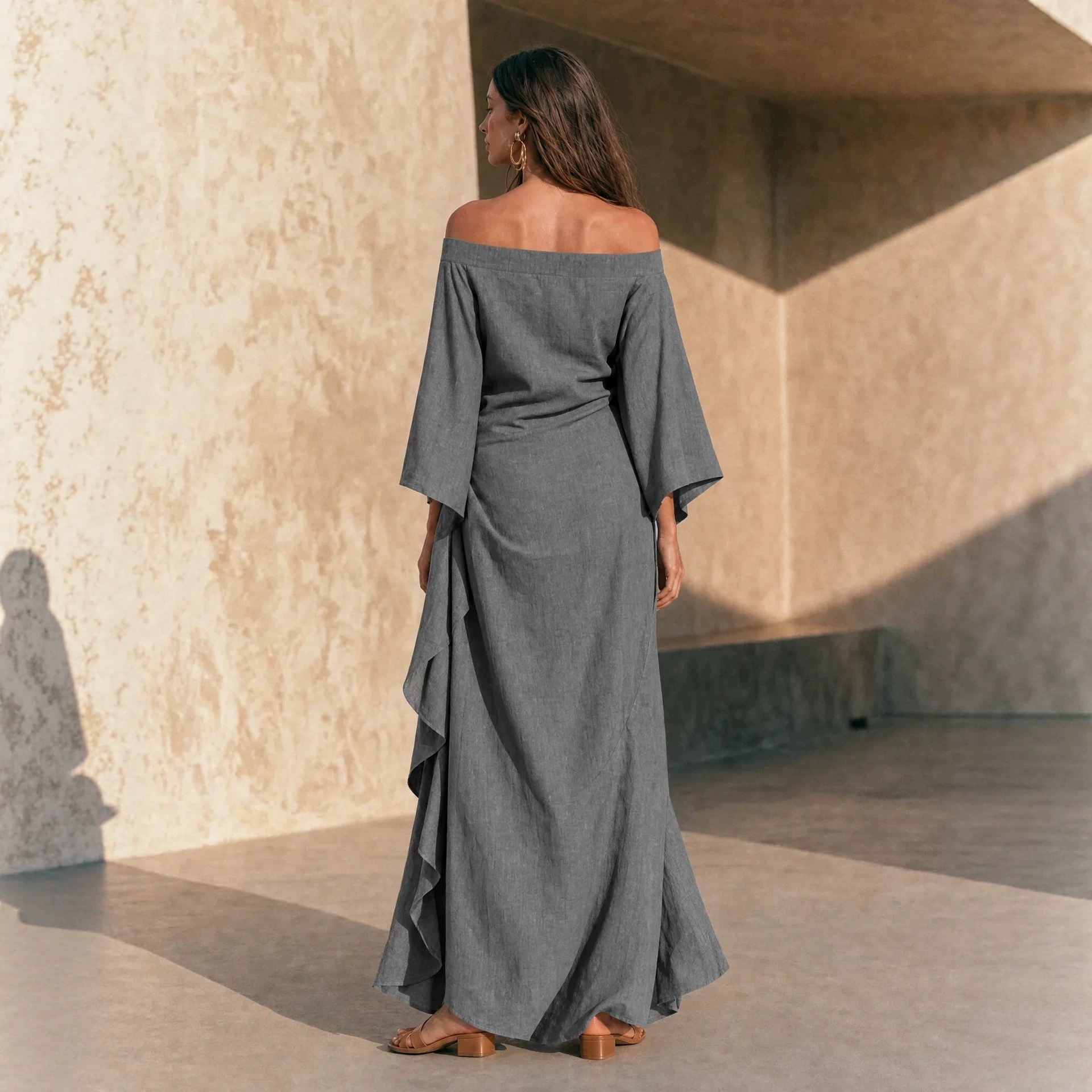 Off-Shoulder Linen-Blend Maxi Dress with Ruffles and Asymmetric Hem