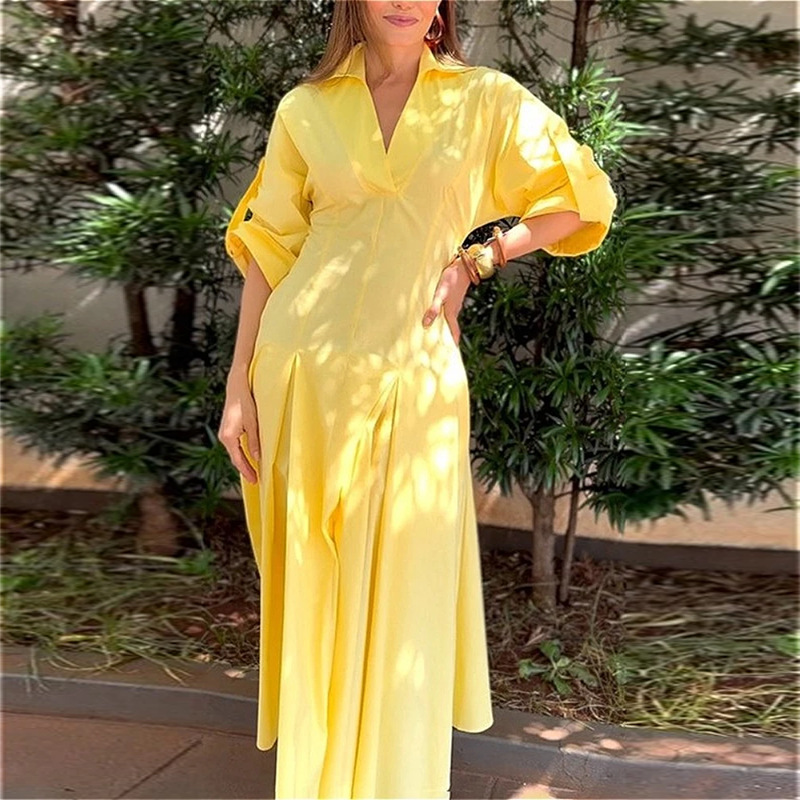 Women's Summer Long Dress Solid Color Waist-Cinched Pleated Collared