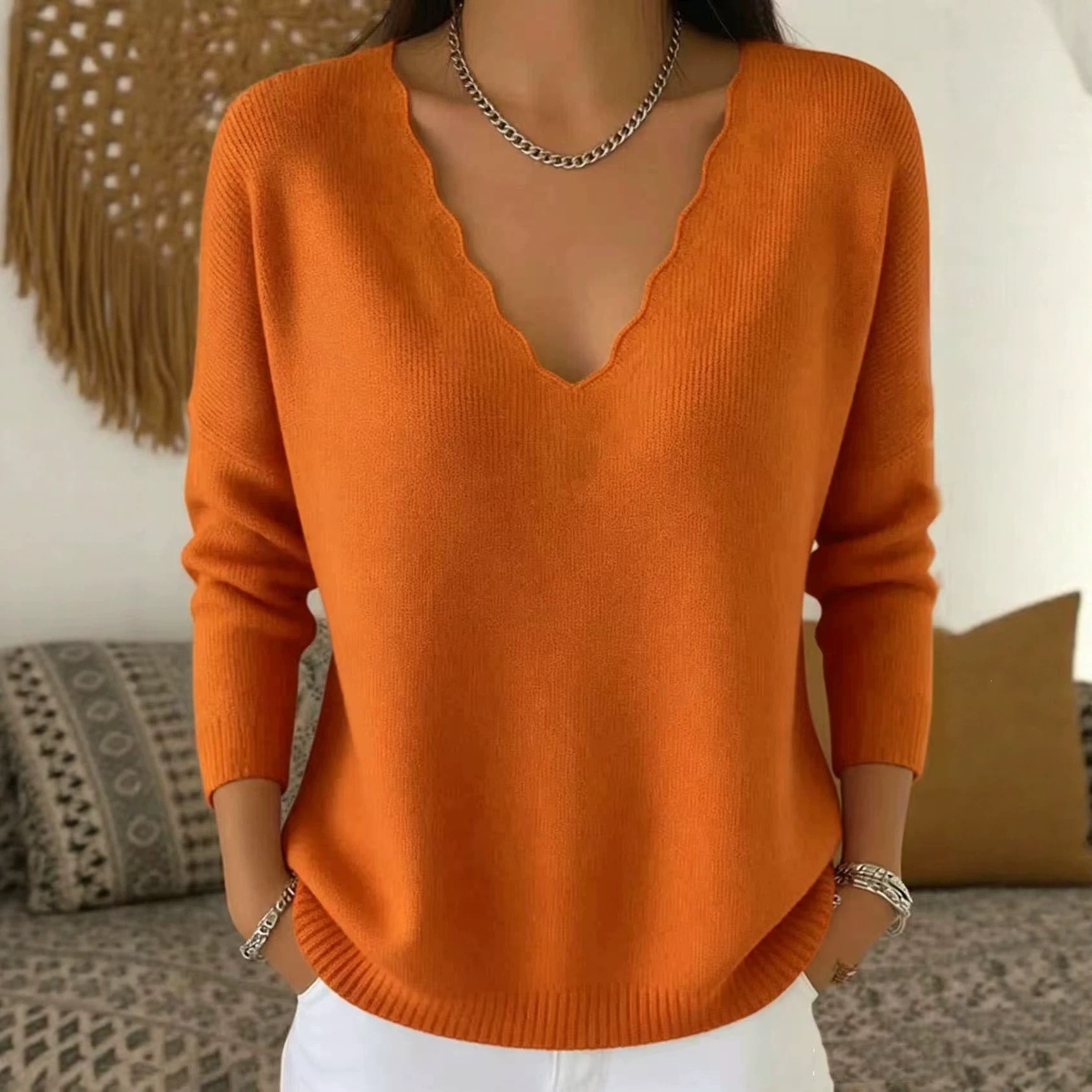 V-Neck Loose Knit Sweater Solid Color Casual Pullover