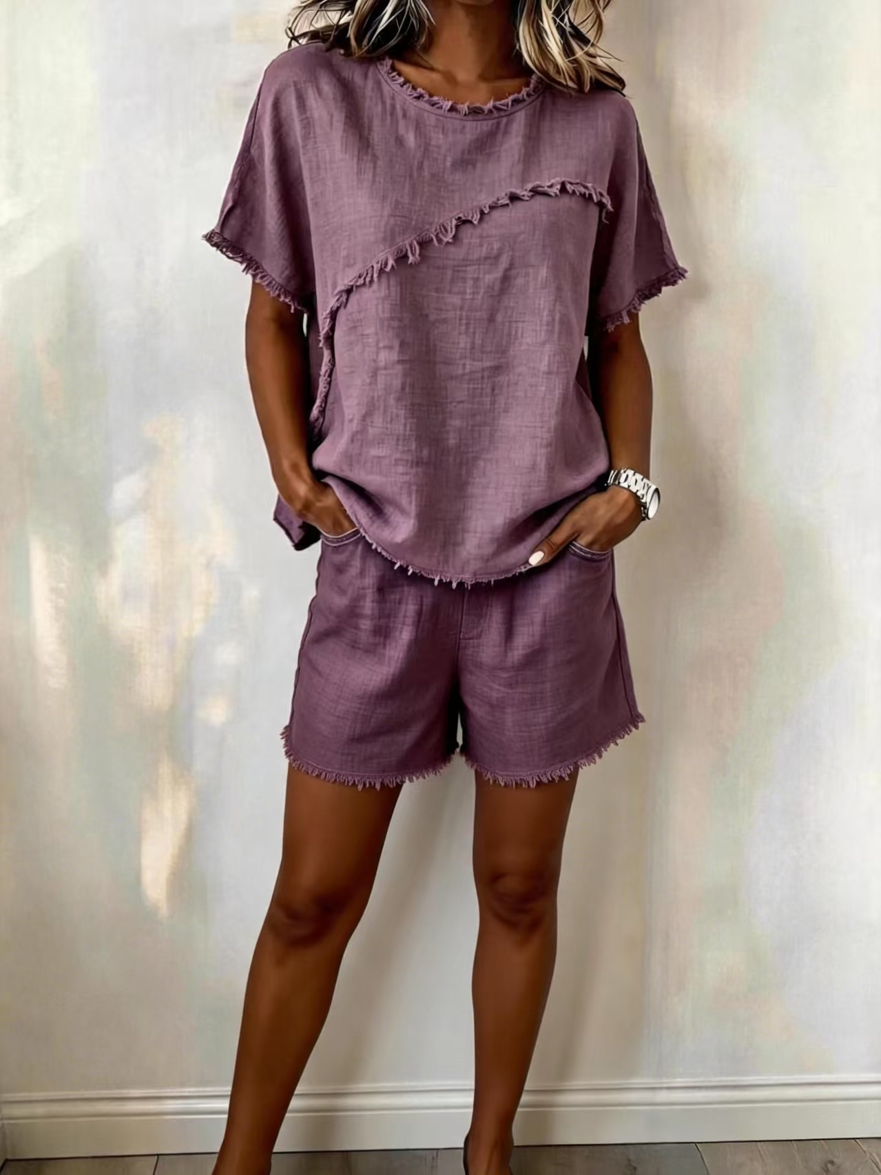 Women's Linen Two-Piece Set Crewneck Top & Shorts Casual