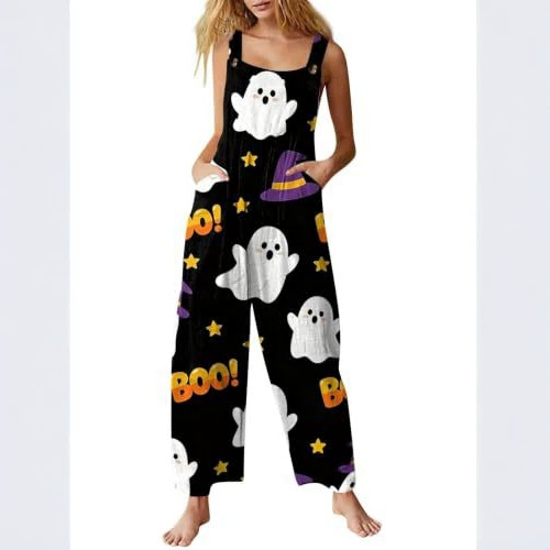 Women's Halloween Pumpkin Cat Print Sleeveless Jumpsuit Casual