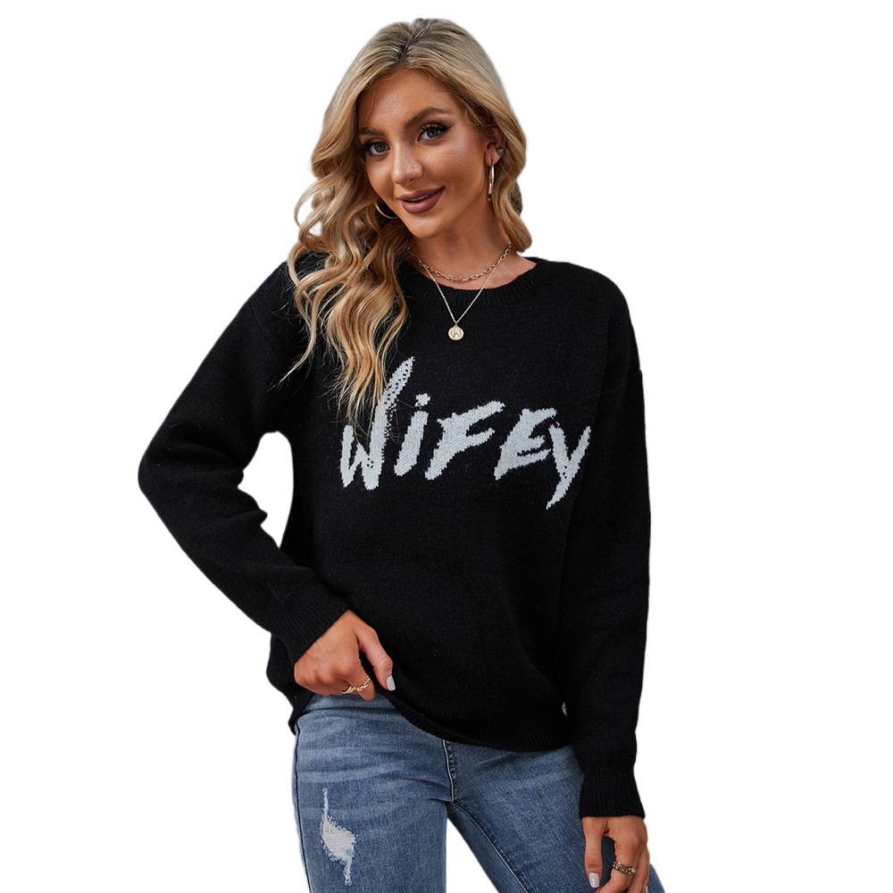 Black Crewneck Pullover Sweater with Letter Print and Cutout Detail, Plus Size