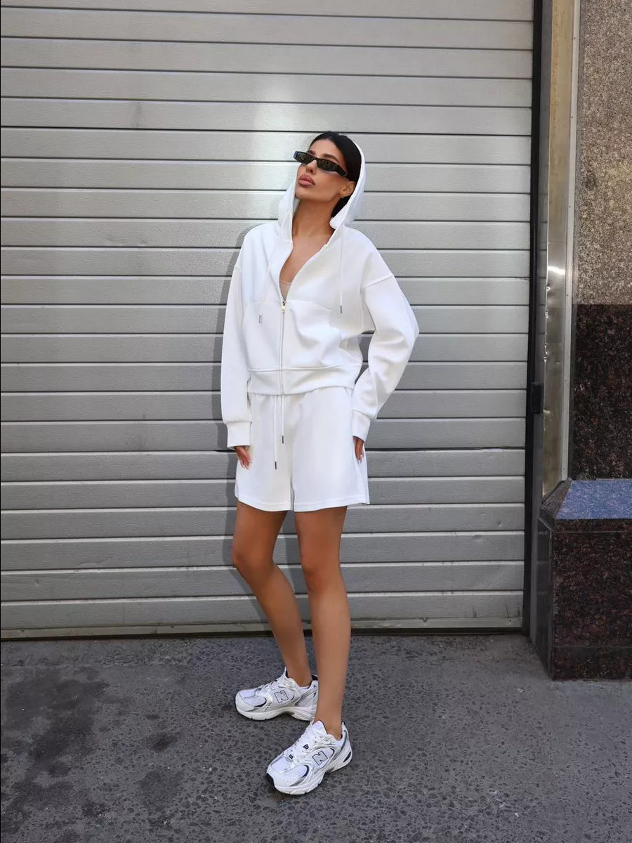 Women's Hooded Sweatshirt and Shorts Two-Piece Set with Large Pockets