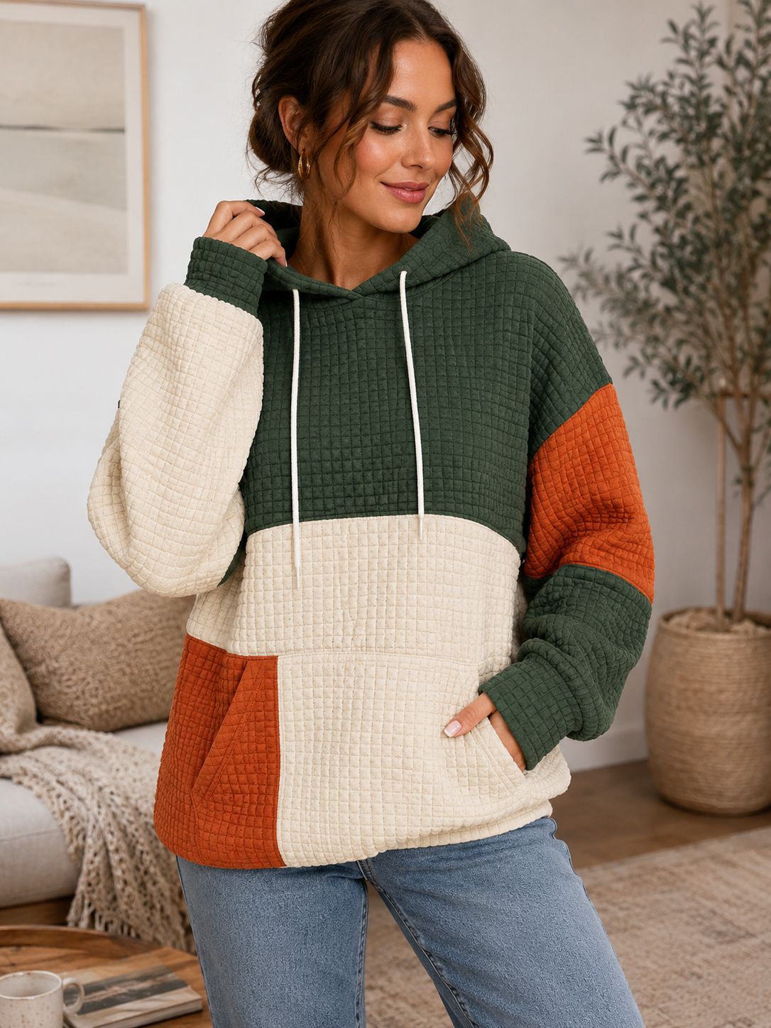 Plus Size Colorblock Waffle Knit Hoodie Women's Pullover
