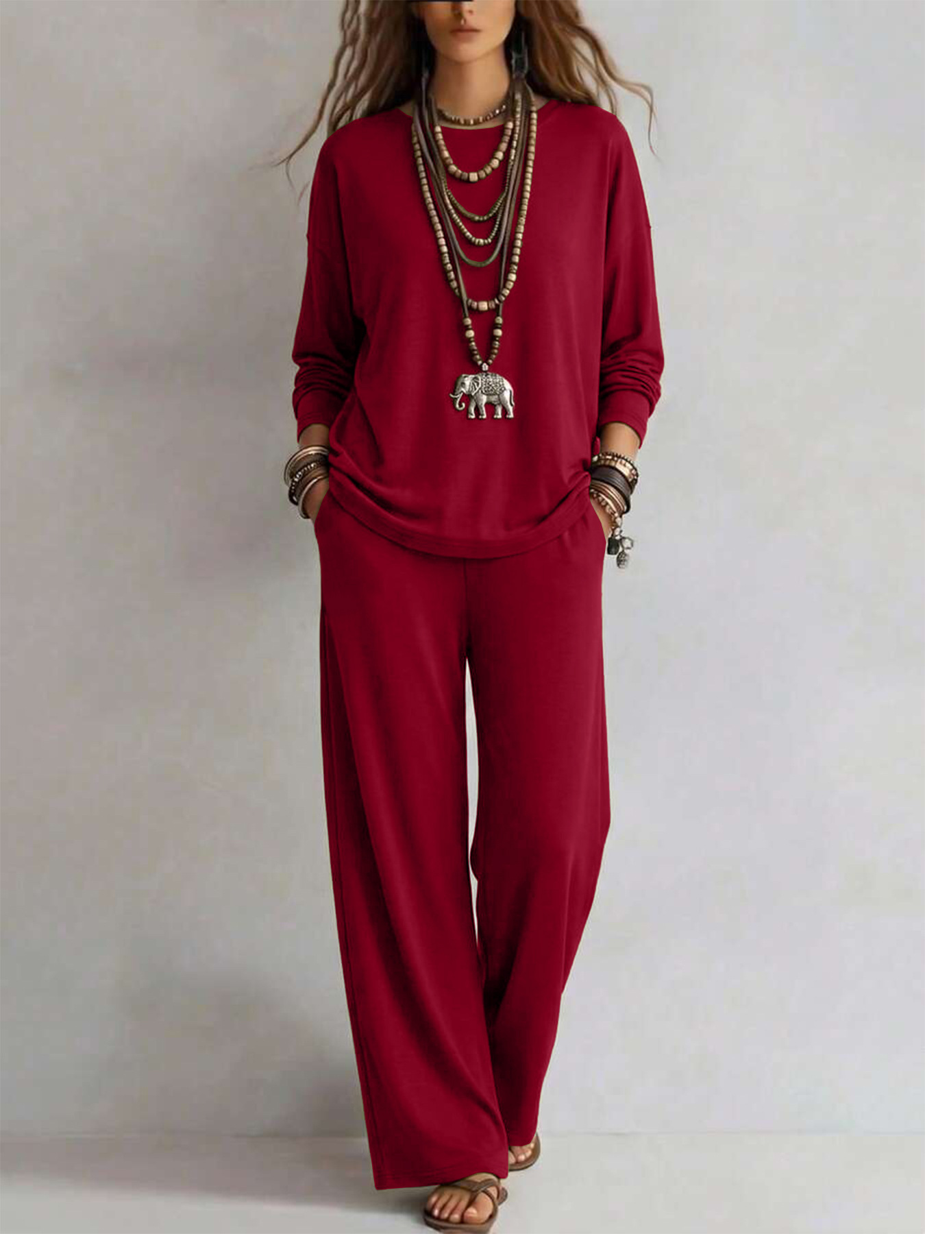 Women's Solid Color Two-Piece Set Long Sleeve Top & Wide-Leg Pants