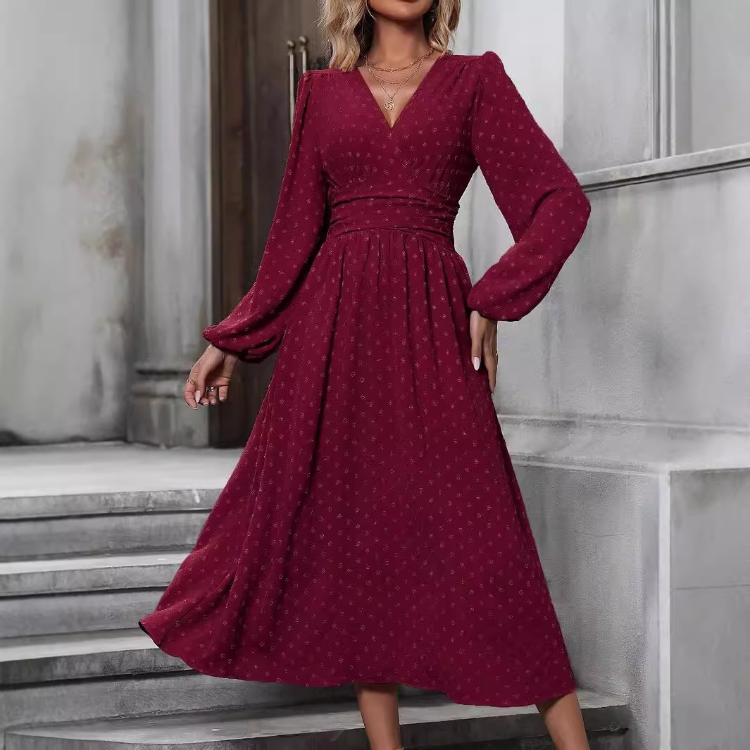 Women's Asymmetric V-Neck Lantern Sleeve Ruched Waist Midi Dress