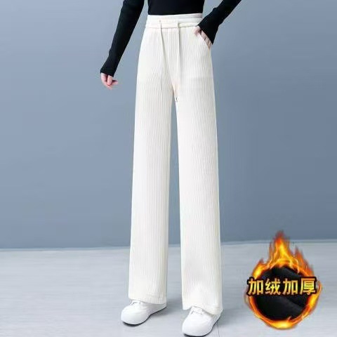 Fleece-Lined Corduroy Wide-Leg Pants High Waist Straight Drapey