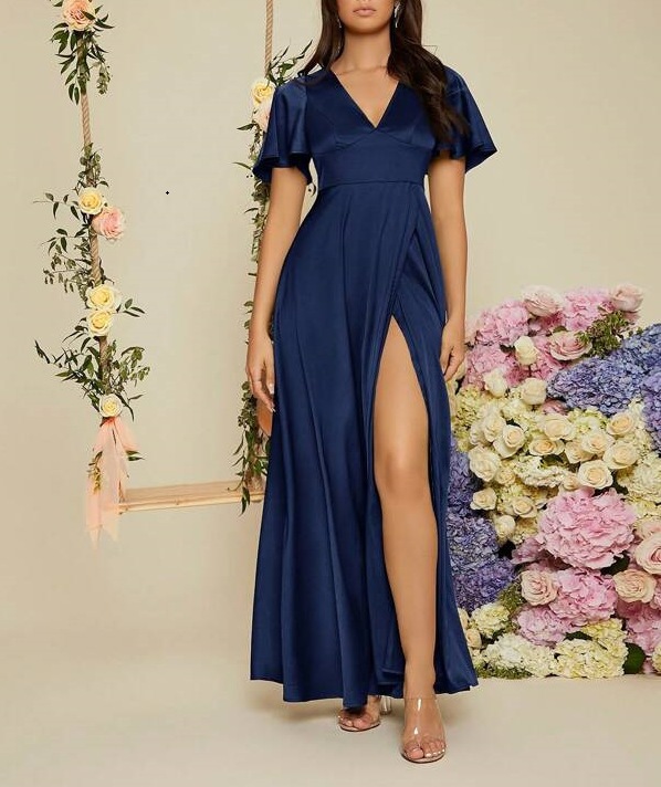 Women's Solid V-Neck Short Sleeve High Waist Long Dress