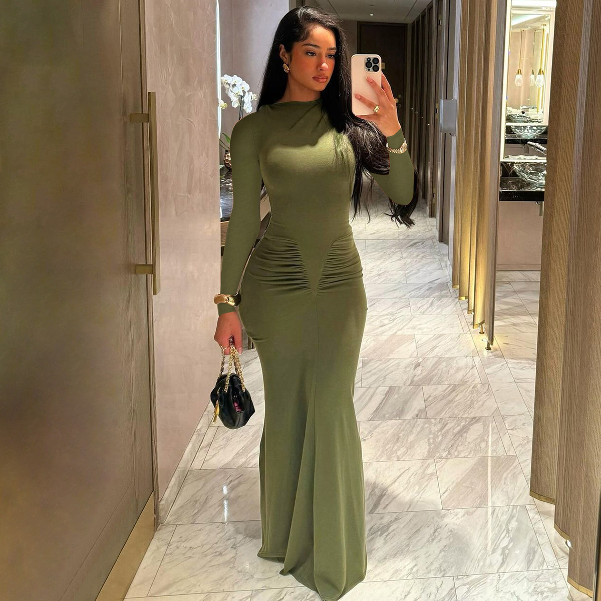 Pleated Round Neck Slim Fit Long Sleeve Dress