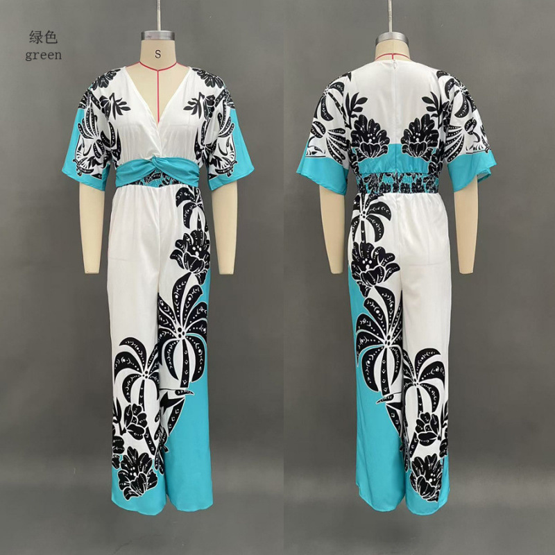 Women's V-Neck Printed Wide-Leg Jumpsuit