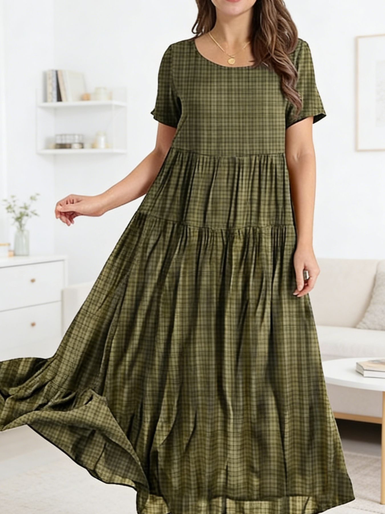 Women's Plaid Round Neck Short Sleeve Tiered A-Line Dress Loose Fit