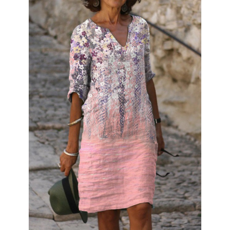 Women's Summer Floral V-Neck A-Line Midi Dress Short Sleeve Casual