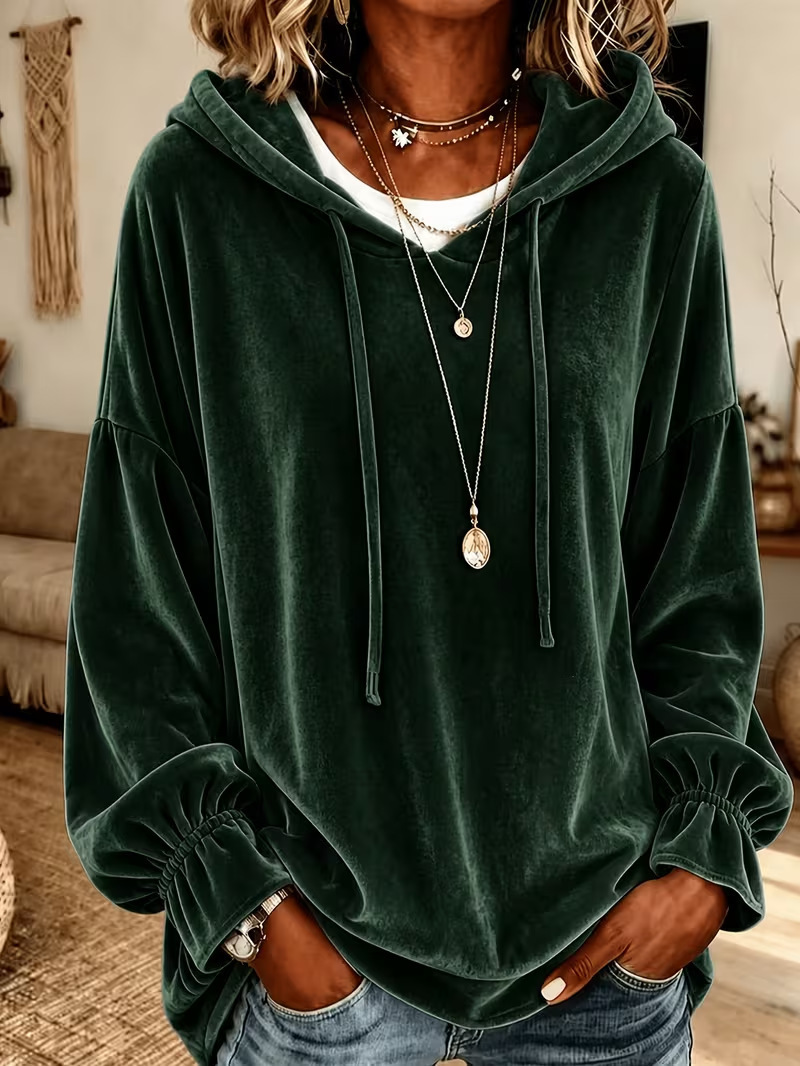 Women's Loose Hooded Velvet Sweatshirt with Drawstring