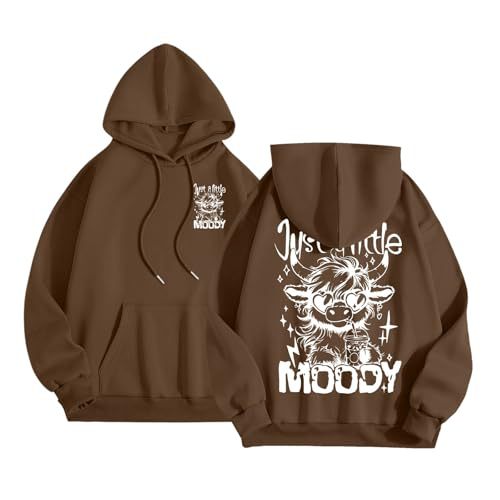 Women's Moody Letter Print Hoodie with Bull Head Sunglasses Graphic