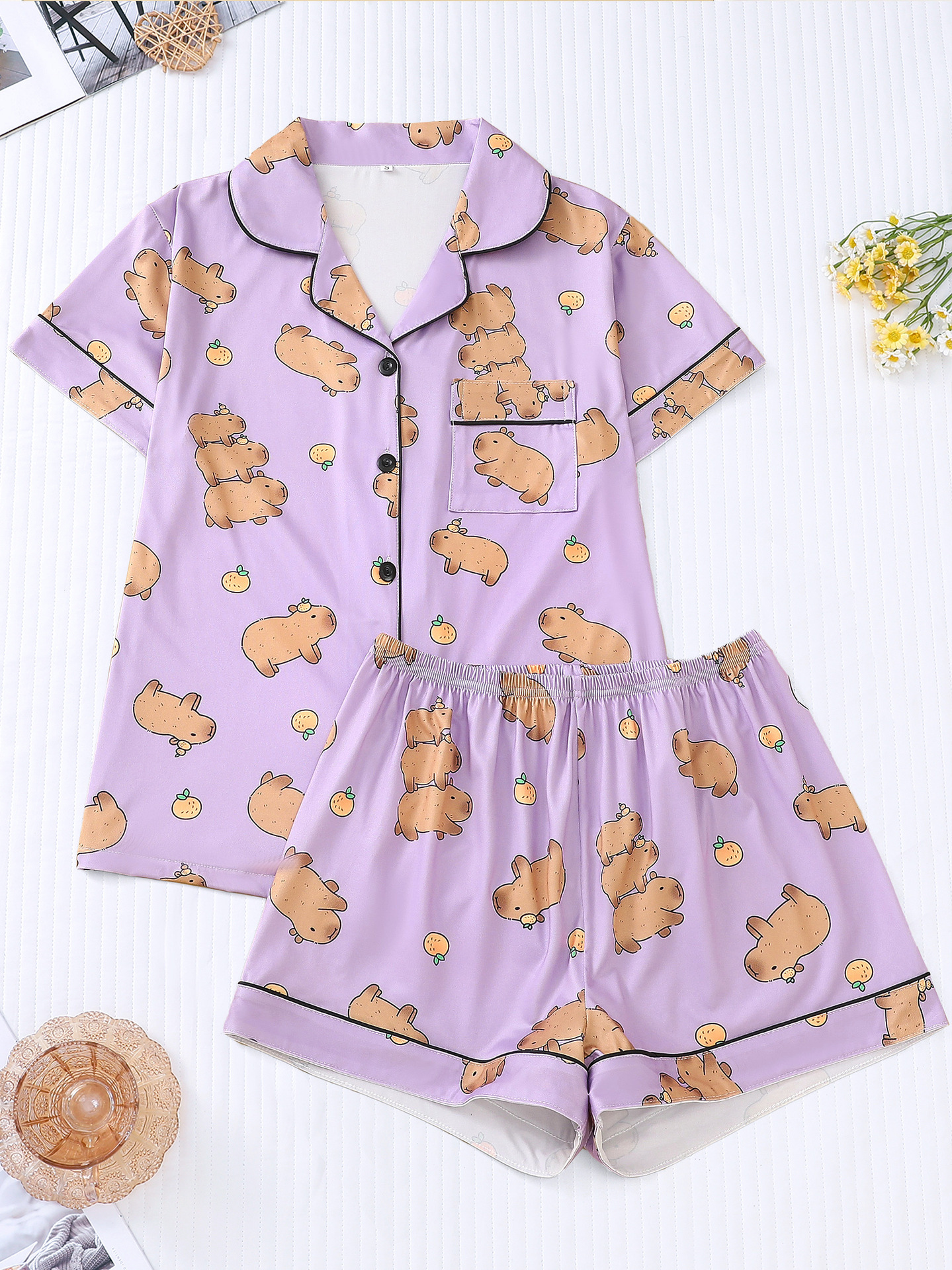 Women's Cute Capybara Print Cuban Collar Short Sleeve Two-Piece Set