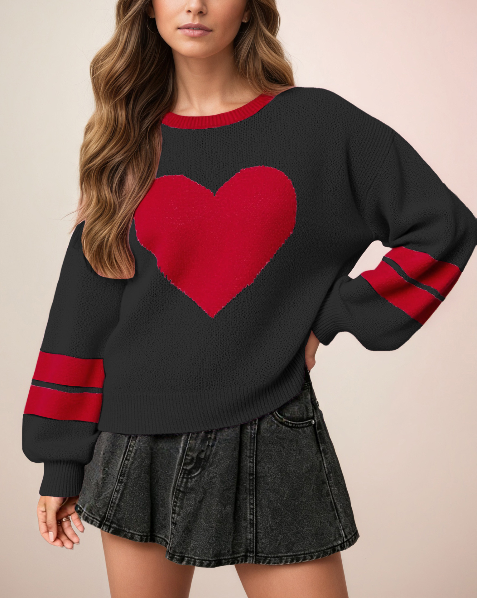 Women's Heart Pullover Sweater Crew Neck Long Sleeve Loose Fit