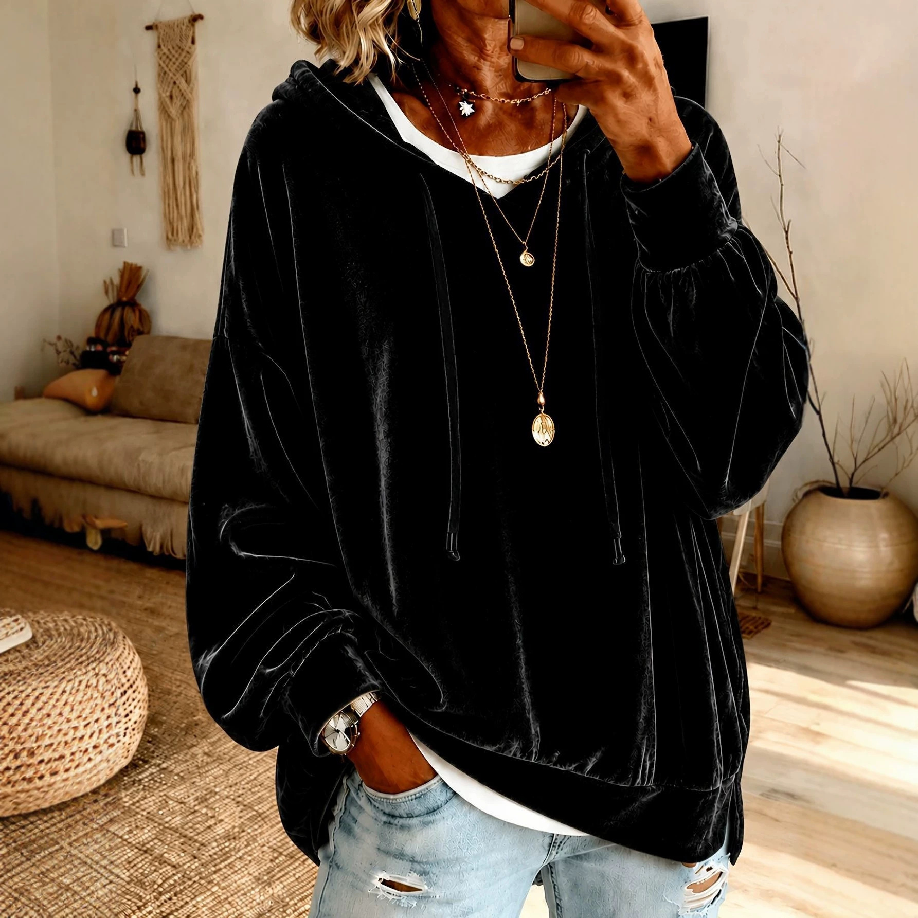 Women's Loose Drawstring Velvet Hooded Top