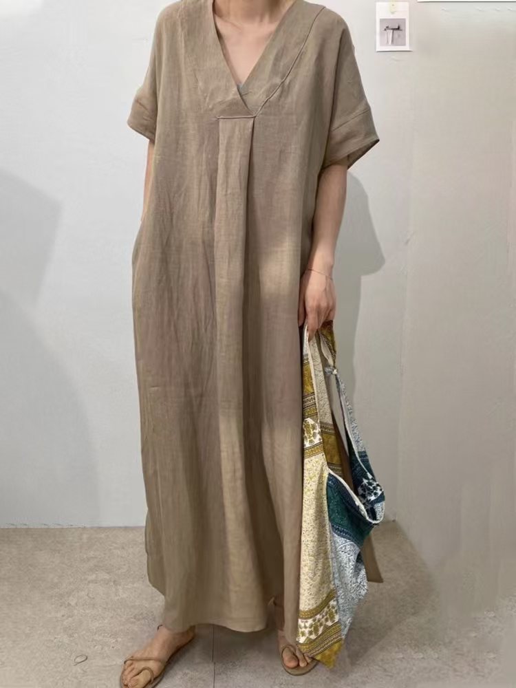 Women's Casual Short Sleeve V-Neck Solid Color Long Dress