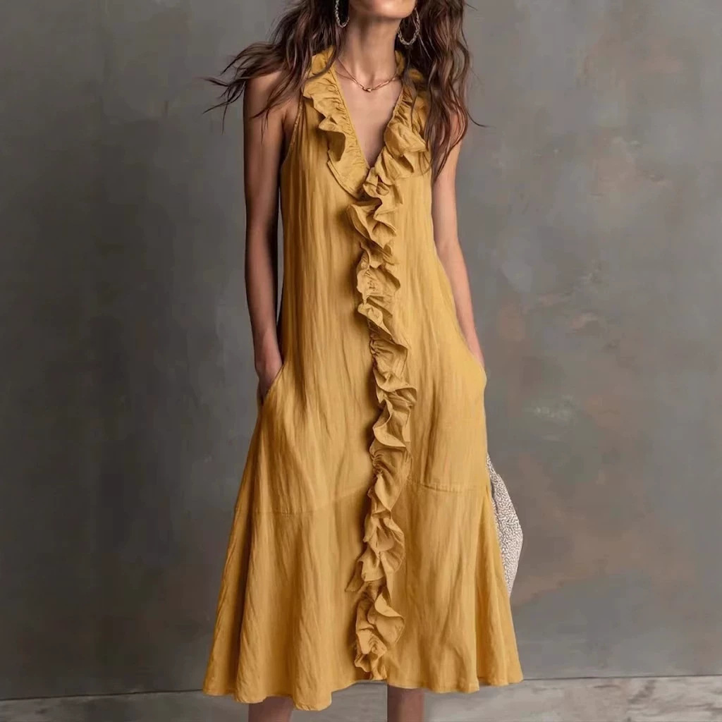Women's Sleeveless V-Neck Ruffle Hem Maxi Dress Solid Color