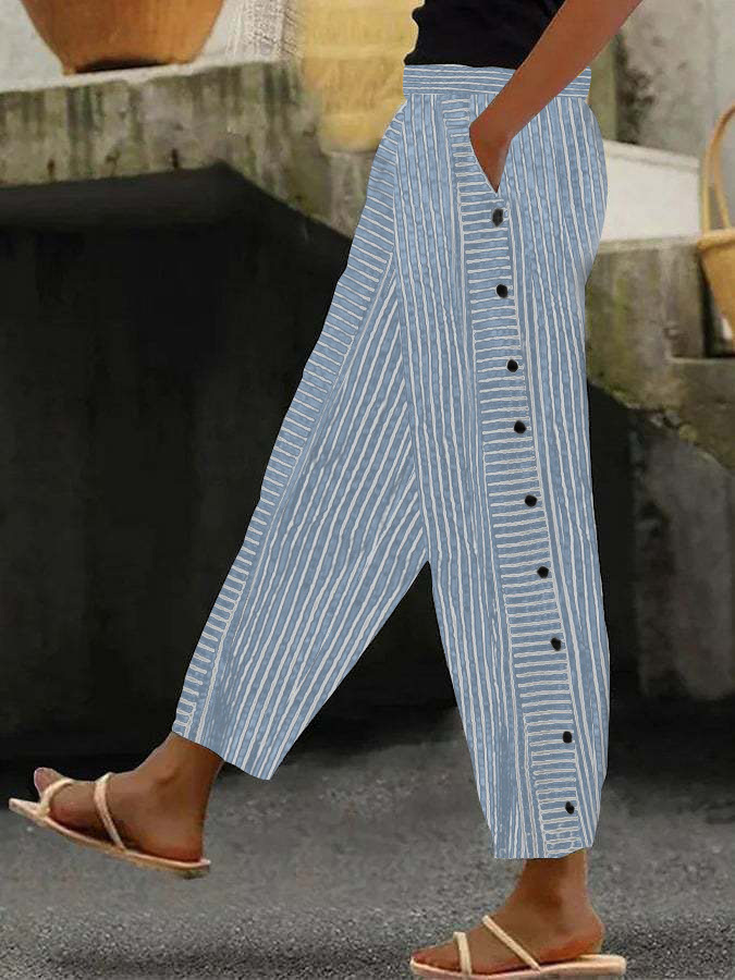 Women's Striped High-Waist Cropped Skinny Pants with Stretch