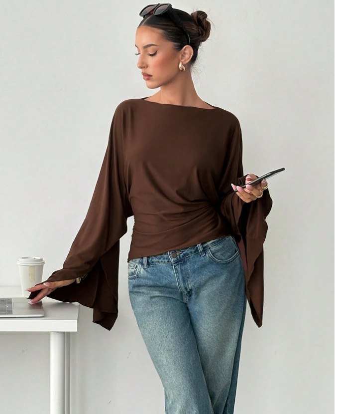 Solid Color Waist-Cinched Flare-Sleeve Long-Sleeve Top